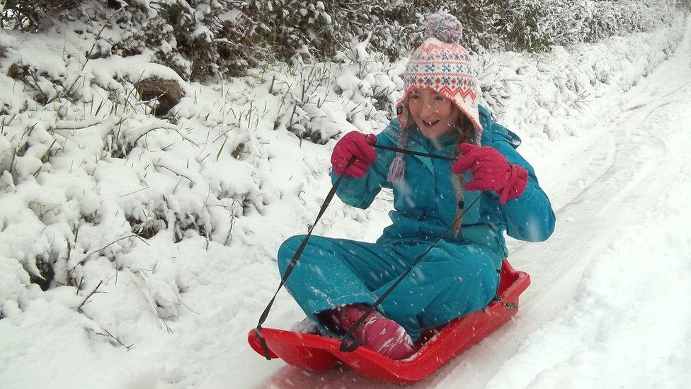 A girl rides her sledge down a road.