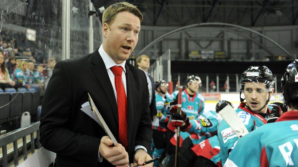 Belfast Giants coach Doug Christiansen talks to his players players during the 6-2 defeat by the Braehead Clan in the Elite League game at the Odyssey Arena