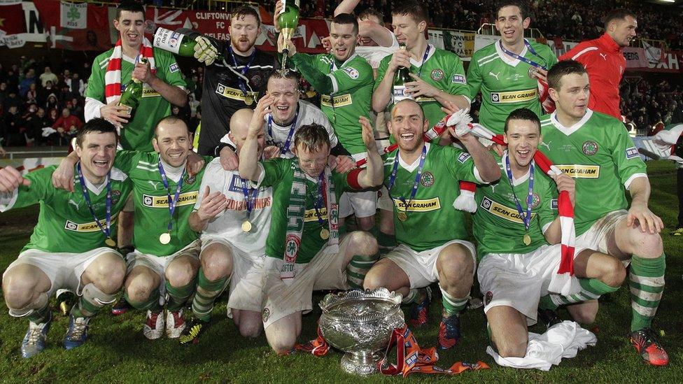 Cliftonville celebrate after winning the League Cup for the second time in the club's history