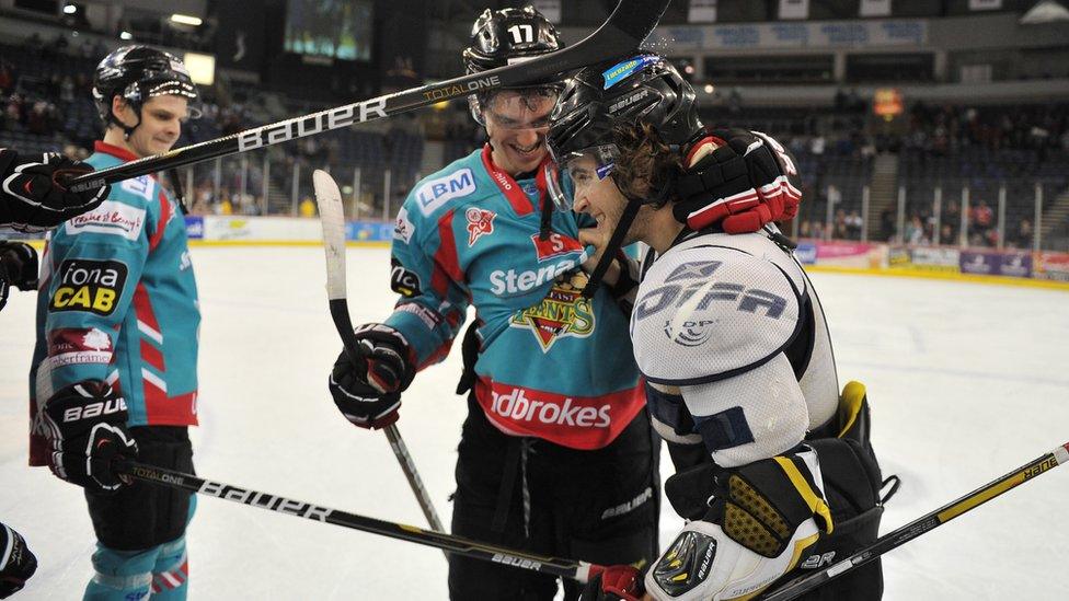 Darryl Lloyd, man of the match for the Belfast Giants, is congratulated by his team-mates after the 5-0 win over the Edinburgh Capitals