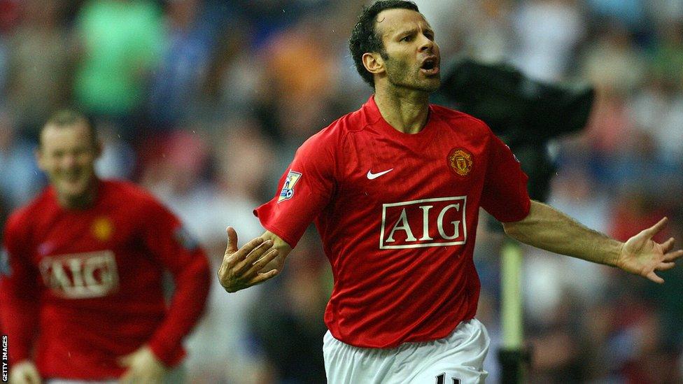 Ryan Giggs scores against Wigan Athletic during the 2007-08 season.