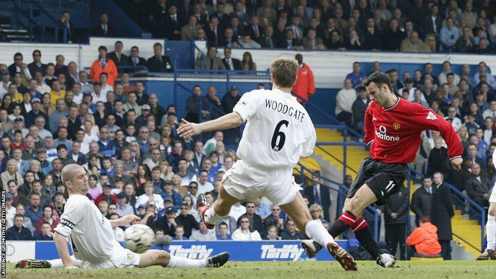 Ryan Giggs scores for Manchester United against Leeds United during the 2001-02 season