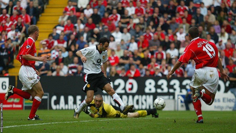 Ryan Giggs scores for Manchester United against Charlton Athletic during the 2002-03 season