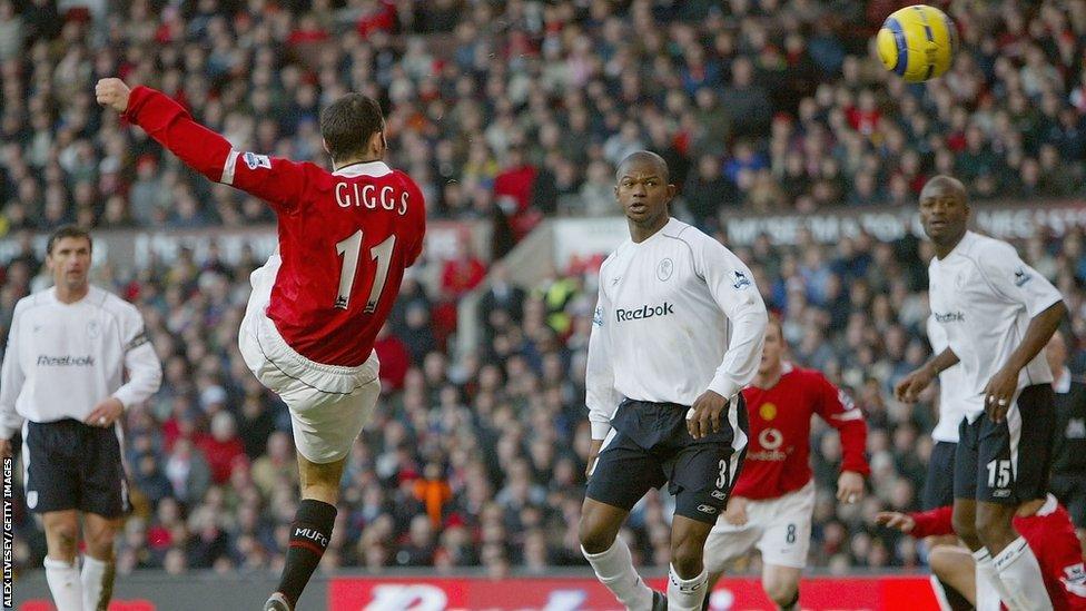 Ryan Giggs scores against Bolton Wanderers during the 2004-05 season.