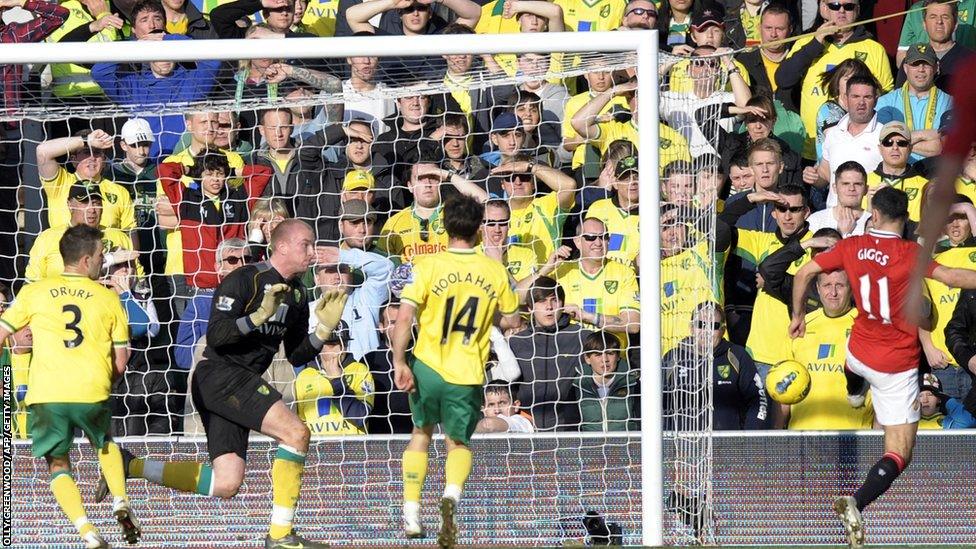 Ryan Giggs (right) scores against Norwich City during 2011-12 season.