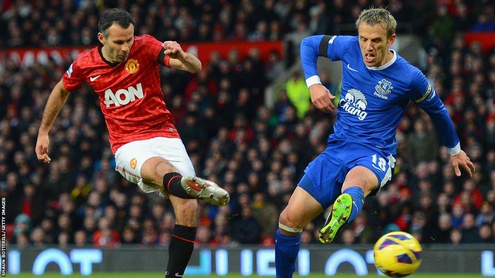 Ryan Giggs scores against Everton during 2012-13 season.