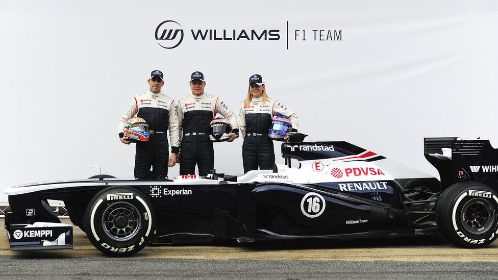 Williams drivers Pastor Maldonado, Valtteri Bottas and Susie Wolff with the team's new car