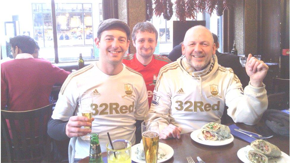 Three Swansea City fans Paul, Aled and Midge enjoying some Greek food at Covent Garden, before a few drinks in the Hercules Pillars