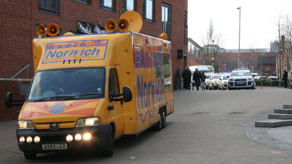 Radio Norwich outside broadcast van at The Forum, Norwich