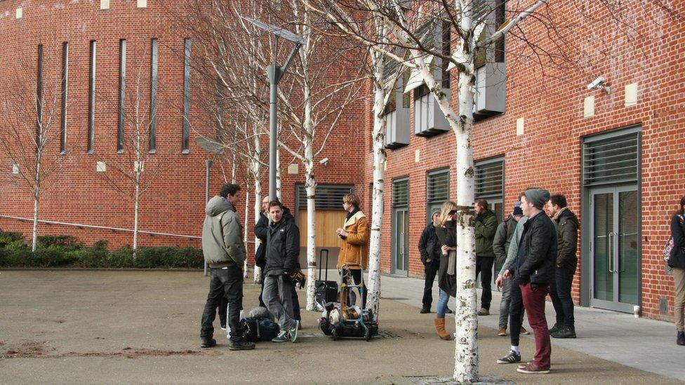 Some members of the film crew outside The Forum, Norwich