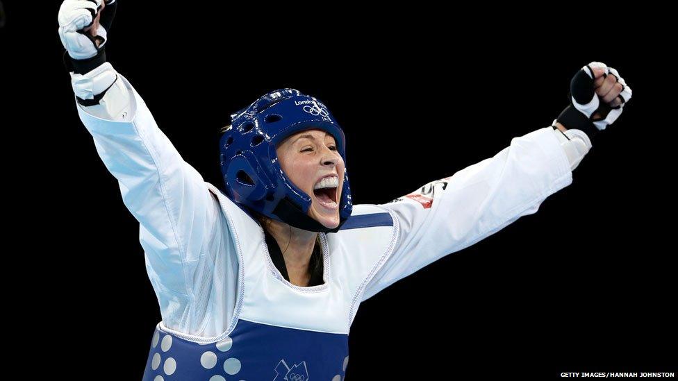 Jade Jones celebrates her gold medal win in the women's 57kg Taekwondo final at the London 2012 Olympics