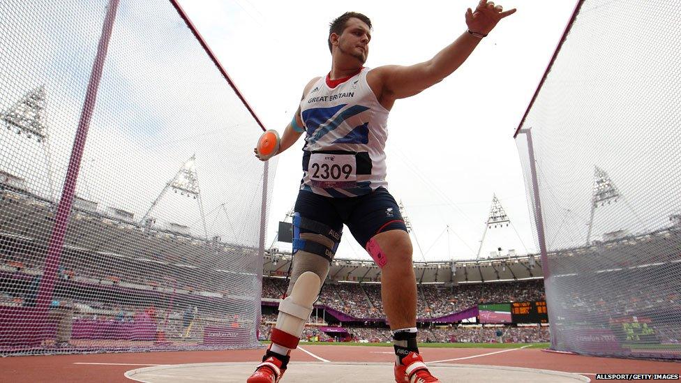 Aled Sion Davies competing in men's discus throw - F42 at the London 2012 Paralympics Games