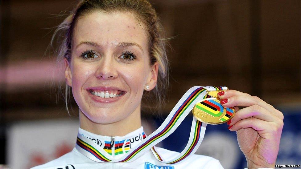 Becky James celebrates gold in the keirin on day five of the UCI Track Cycling World Championships in Minsk, Belarus