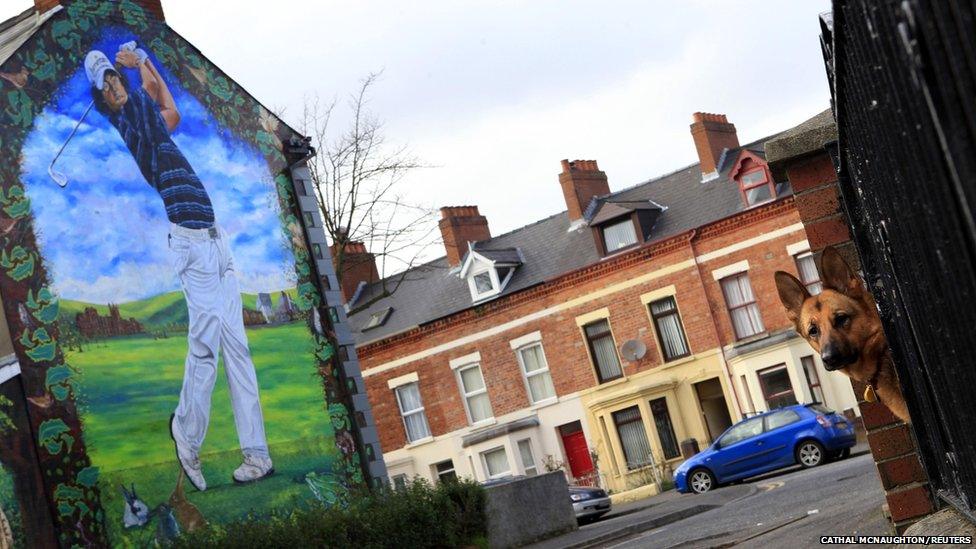 Golfer Rory McIlroy is pictured on a wall in the Holylands area of Belfast