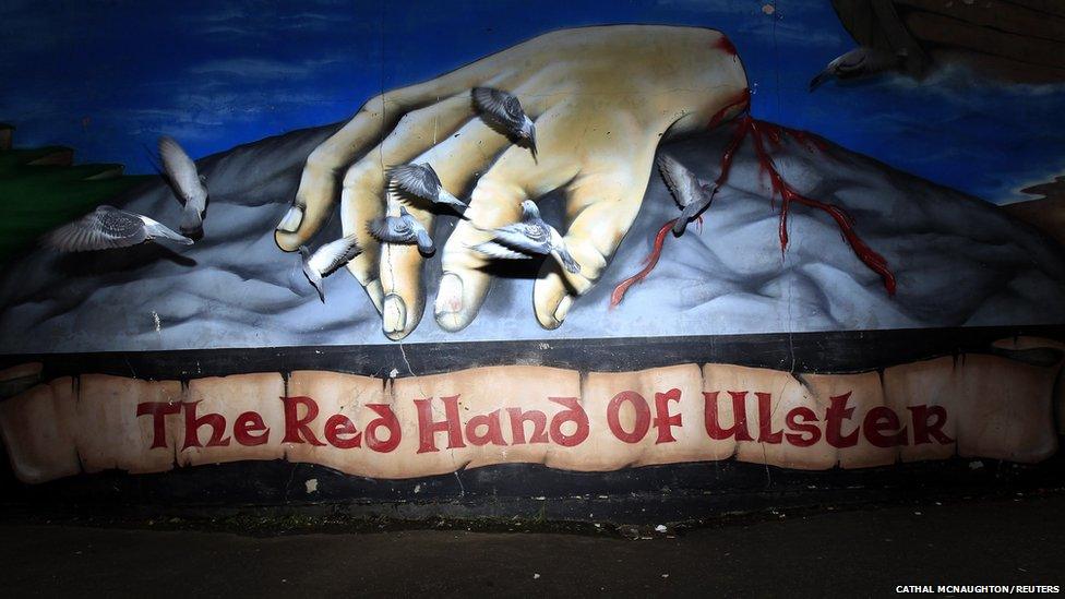 A mural in the Shankill Road area of west Belfast depicting a Gaelic myth about the claiming of Ulster