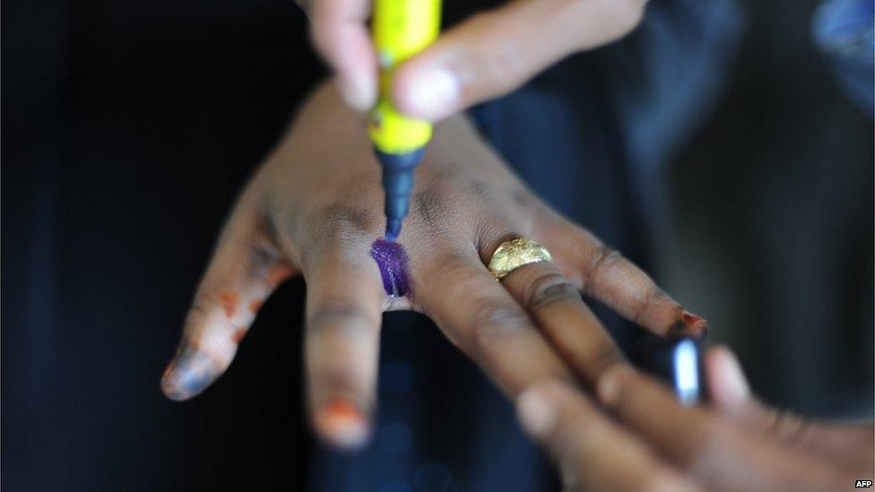 After voting at Eastleigh High School in the Eastleigh neighborhood of Nairobi, a Somali-Kenyan woman"s hand is marked with ink on March 4, 2013 during the elections.