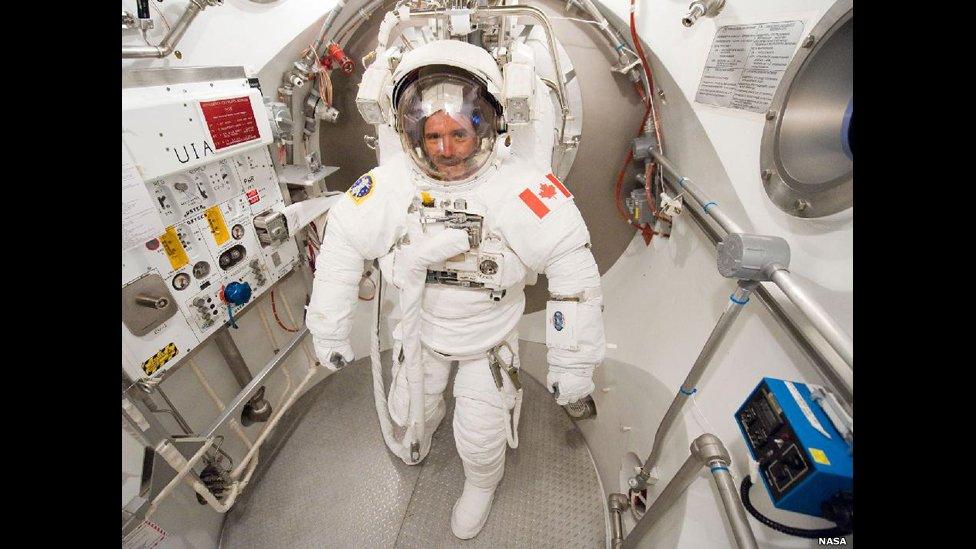 Chris Hadfield participates in a spacesuit fit check