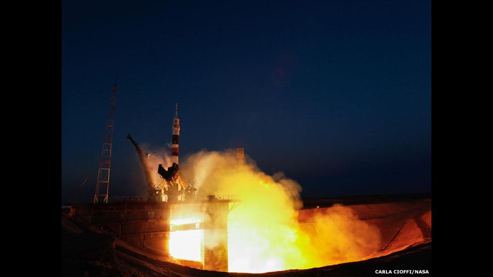 The Soyuz TMA-07M rocket launches from the Baikonur Cosmodrome in Kazakhstan on Dec. 19, 2012