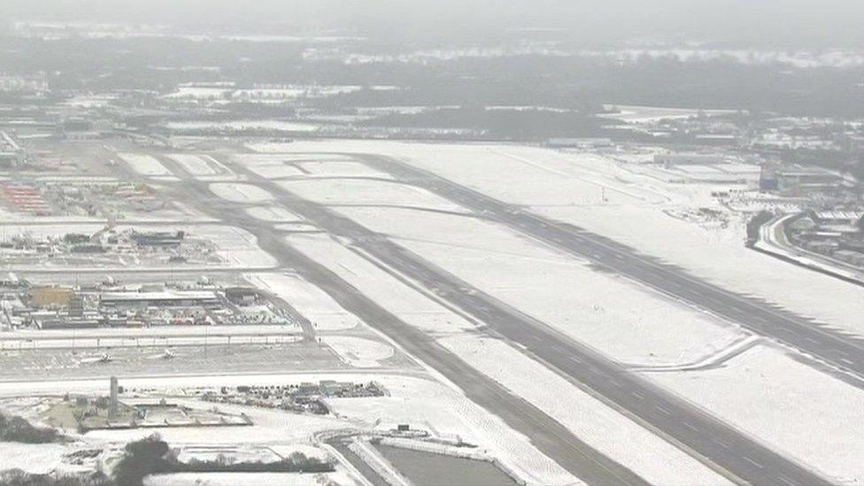 Snowy aerial shots of Gatwick Airport