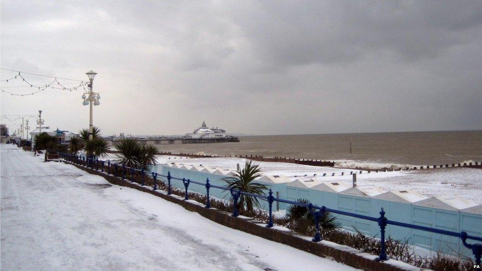 Snow covers the sea front in Eastbourne