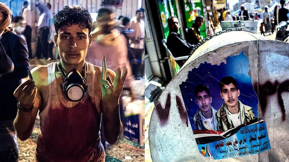 Faris Ali Mohammed al-Qadeemi holds up shell casings after soldiers fired on unarmed protesters. On the right, a picture commemorating his death in a similar incident months later