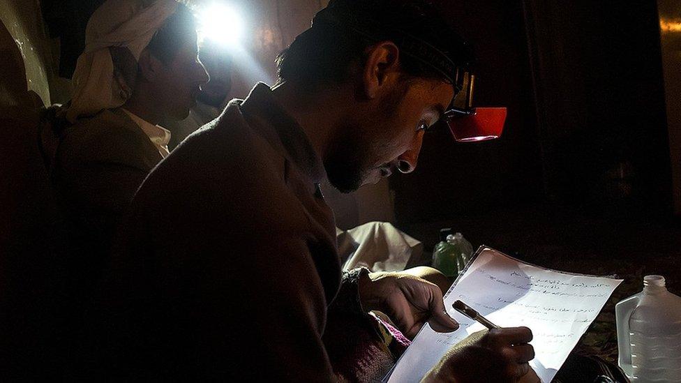 Sanaa university students work by torchlight