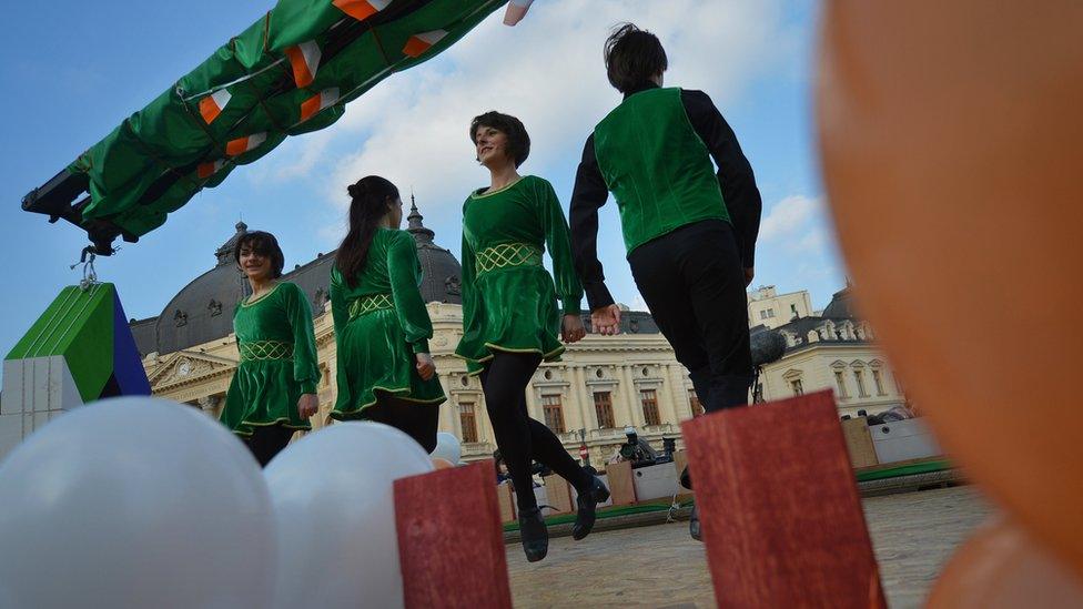 Irish dancers on stage for St Patrick's Day in Vilnius, Lithuania