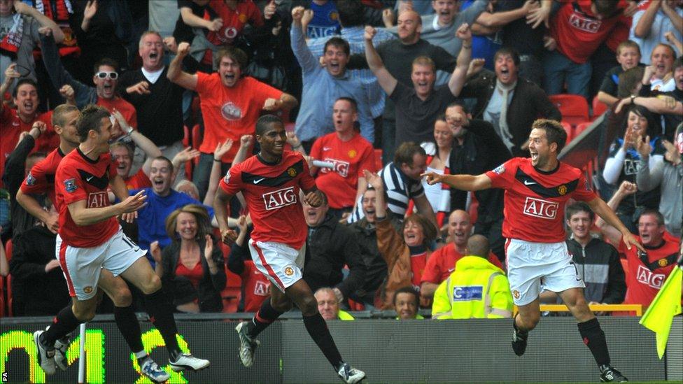 Michael Owen celebrates his winning goal for Manchester United against Manchester City