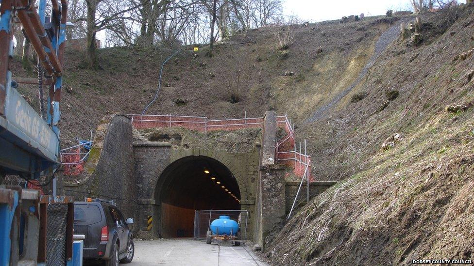 The slip on the north side of Beaminster Tunnel which damaged the portal facade.