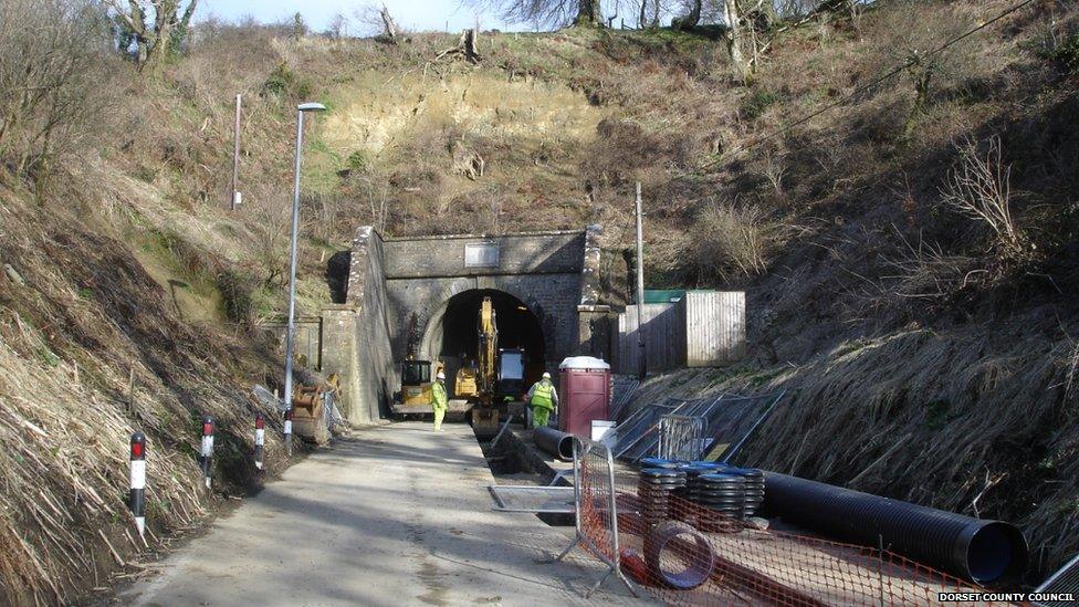 Work at the south side of Beaminster Tunnel, showing the November 2012 landslip.