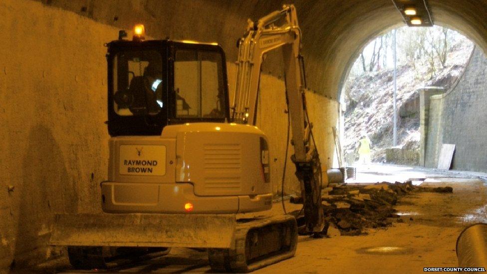 A digger inside Beaminster Tunnel