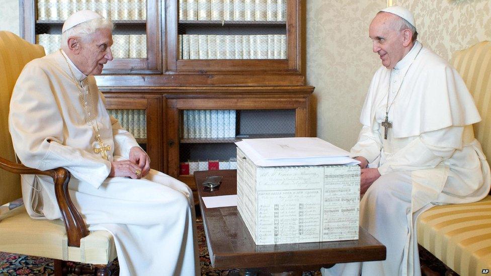 Pope Emeritus Benedict with Pope Francis. 23 March 2013