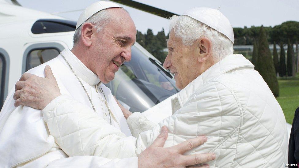 Pope Emeritus Benedict, right, with Pope Francis. 23 March 2013