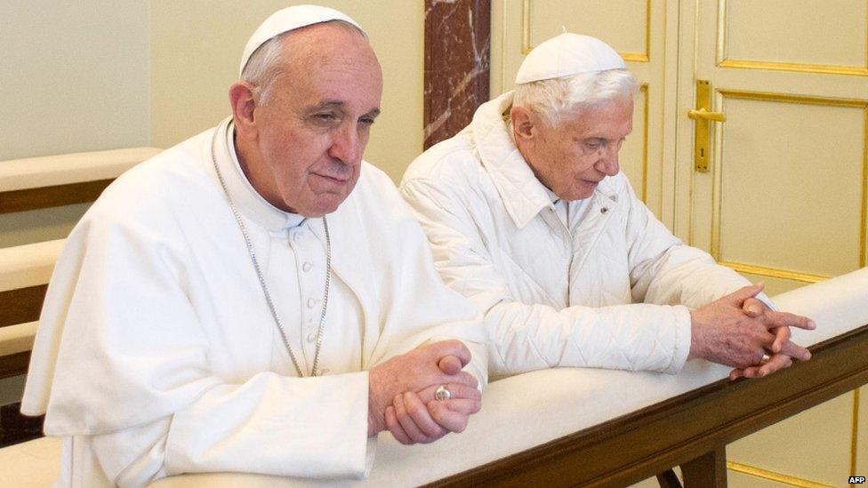 Pope Emeritus Benedict, right, with Pope Francis. 23 March 2013