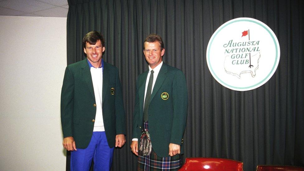 Nick Faldo (left) is presented with his first Green Jacket by 1988 champion Sandy Lyle