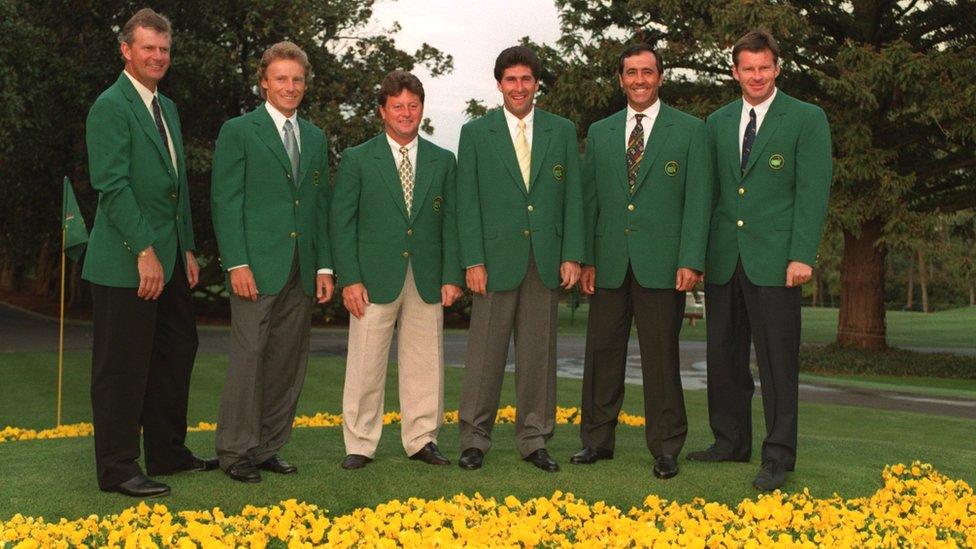 European winners of the Masters (left to right); Sandy Lyle, Bernhard Langer, Ian Woosnam, Jose Maria Olzabal, Seve Ballesteros and Nick Faldo