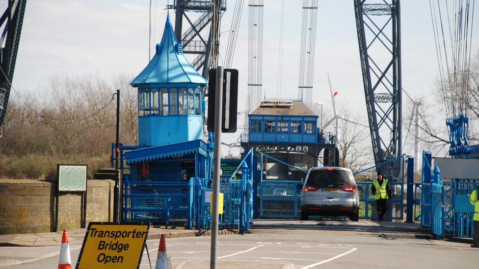 Cars going onto Newport Transporter Bridge