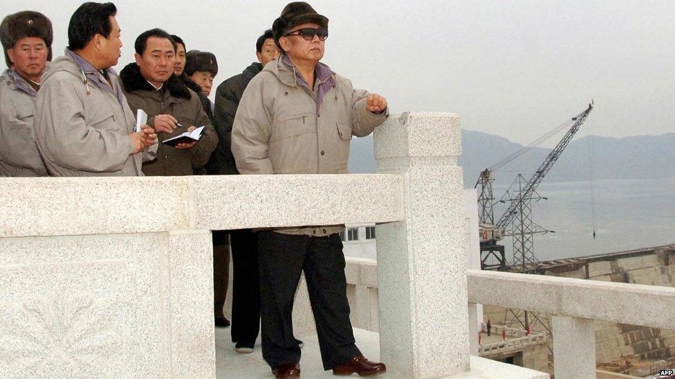 A handout KCNA photo released 07 January 2008 shows an undated picture of Kim Jong-il inspecting the construction site on a hydro-electric power plant near Kaesong.