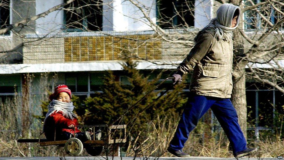 This file photo dated 11 December 2003 shows a North Korean woman pulling her child on a wheel-cart at the North Korean border city of Kaesong.