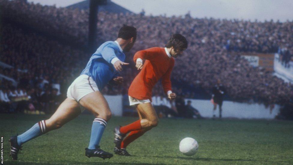 George Best (right) of Manchester United in a 1969 Manchester derby