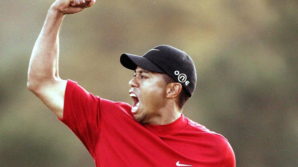 Tiger Woods celebrates his 2005 Masters victory