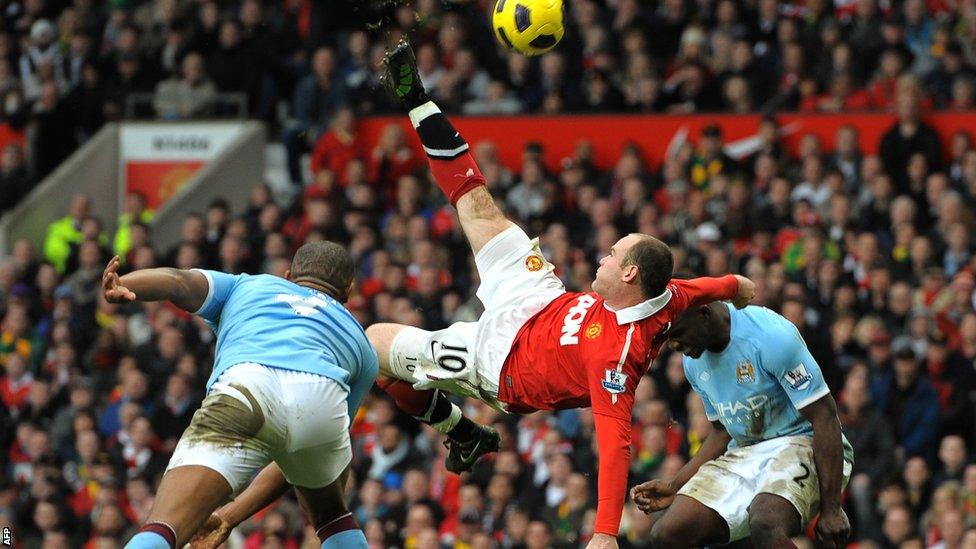 Wayne Rooney scores with a bicycle kick against Manchester City