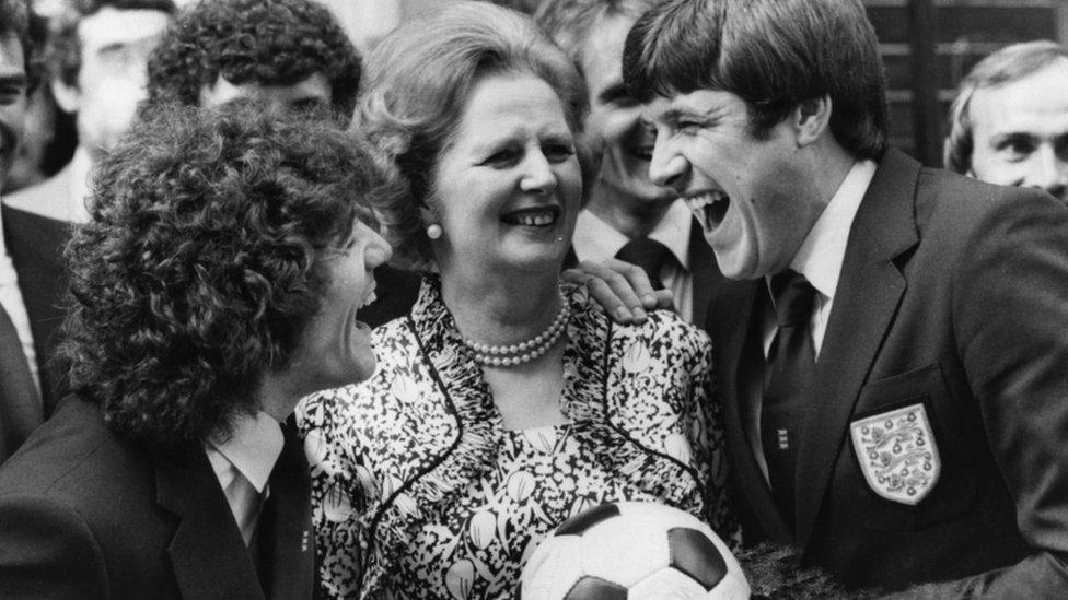 Kevin Keegan and Emlyn Hughes share a joke with Margret Thatcher outside 10 Downing Street.