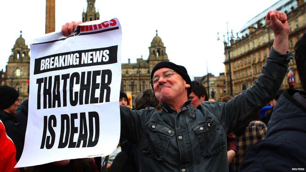 People gathered to celebrate the death of former British prime minister Margaret Thatcher in Glasgow's George Square.