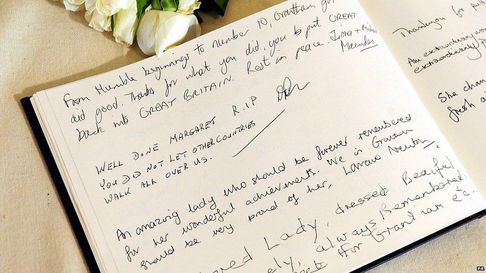 Messages are displayed in a book of condolence in honour of former prime minister Baroness Thatcher at the Grantham Museum in her hometown of Grantham, Lincolnshire.