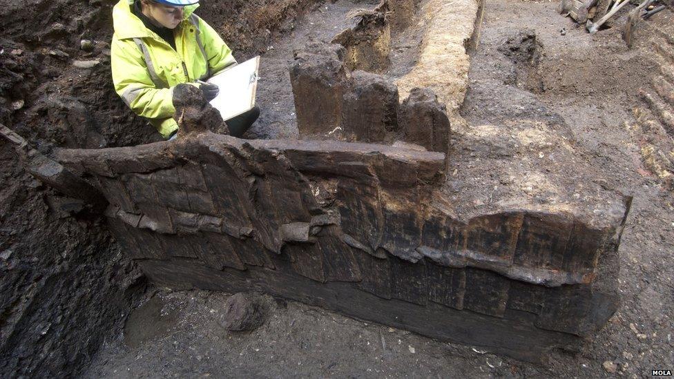 A section of Roman oak fencing, surviving to shoulder height