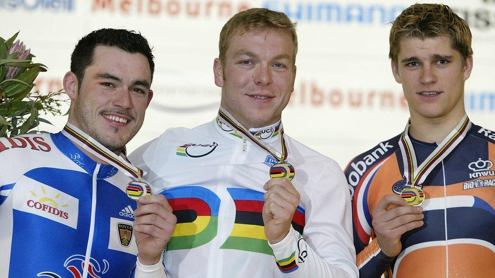 Chris Hoy (centre) wins gold in Melbourne