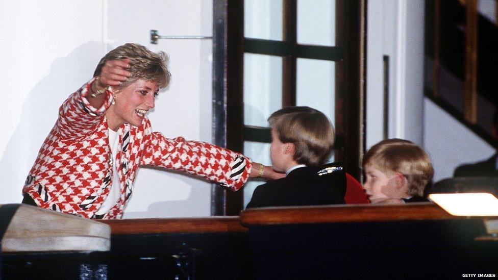 Princes William and Harry with the Princess of Wales