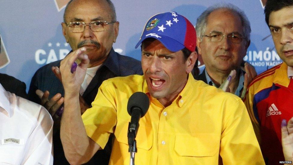 Opposition candidate Henrique Capriles at a news conference after the election results were announced