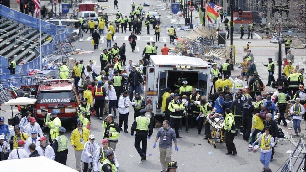 Medical workers on the scene in Boston, 15 April 2013